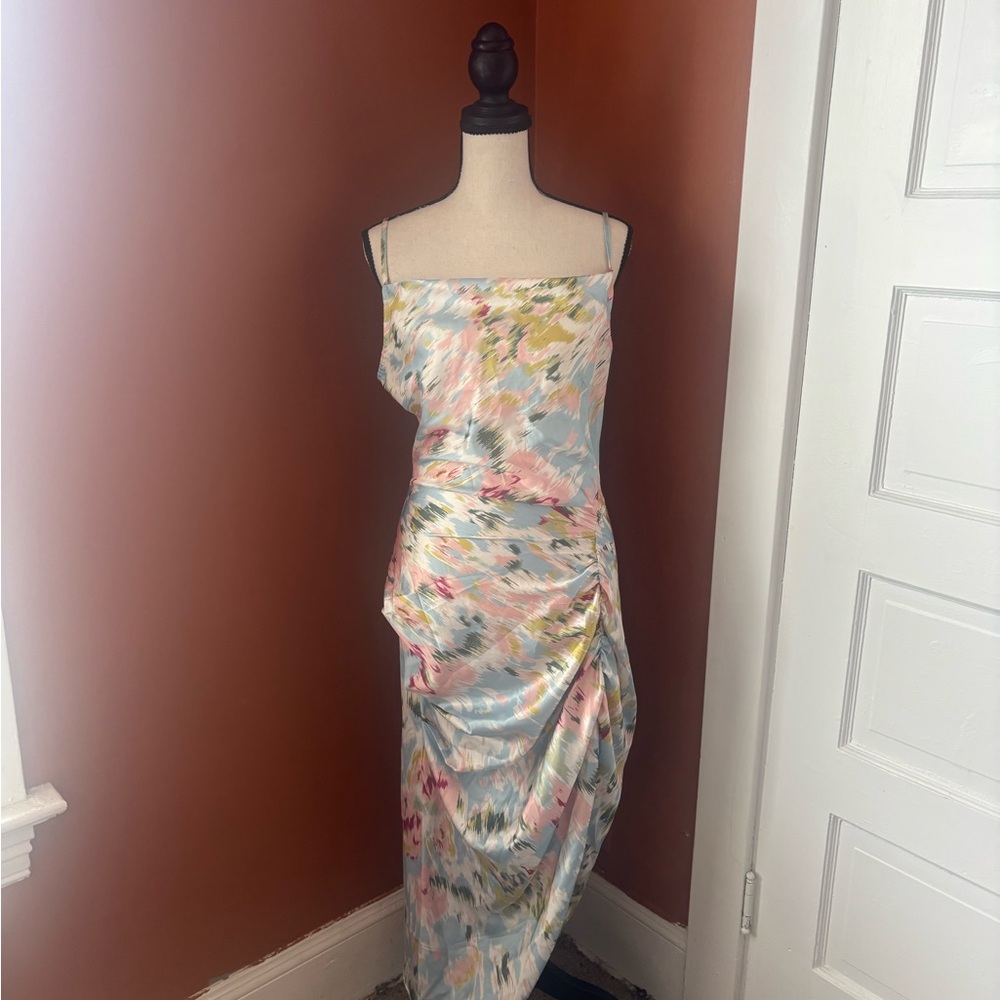 Cider Pink and Yellow Asymmetrical Ruched Midi Dress